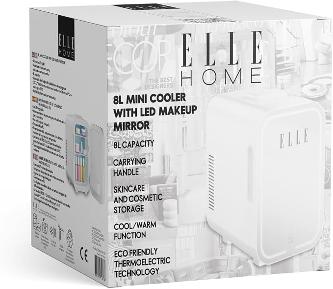 ELLE 8L Mini Cooler Fridge with LED Makeup Mirror for Skincare & Cosmetic Storage Cooler & Warmer Removable Shelf Carrying Handle AC DC Power Options Small Refrigerator for Bedroom Car Office White