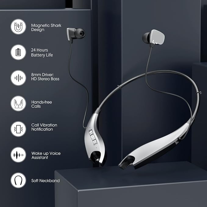 Neckband Bluetooth Headphones, Around The Neck Headphones 24H+ Playtime, Bluetooth Headsets with Call Vibration, Shark Jaw Design Wireless Earbuds+Noise Isolation/Mic/IPX7 Waterproof, Silver