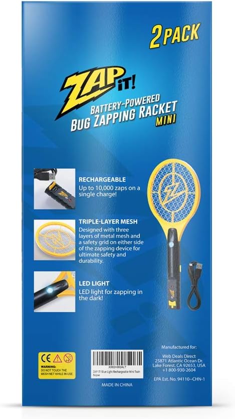 ZAP iT! Electric Fly Swatter Racket & Mosquito Zapper with Blue Light Attractant - High Duty 4,000 Volt Electric Bug Zapper Racket - Fly Killer USB Rechargeable Fly Zapper Indoor Safe - 2 Pack, Yellow