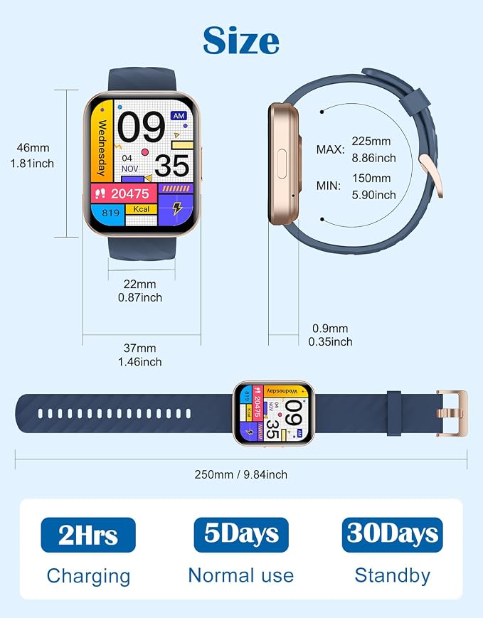 RUIMEN Smart Watches for Women Men (Answer/Make Calls) Compatible with iPhone/Android Phones, 1.85" HD Screen Fitness Tracker Heart Rate Monitor 100+ Sports Tracker Watch Waterproof (Blue)