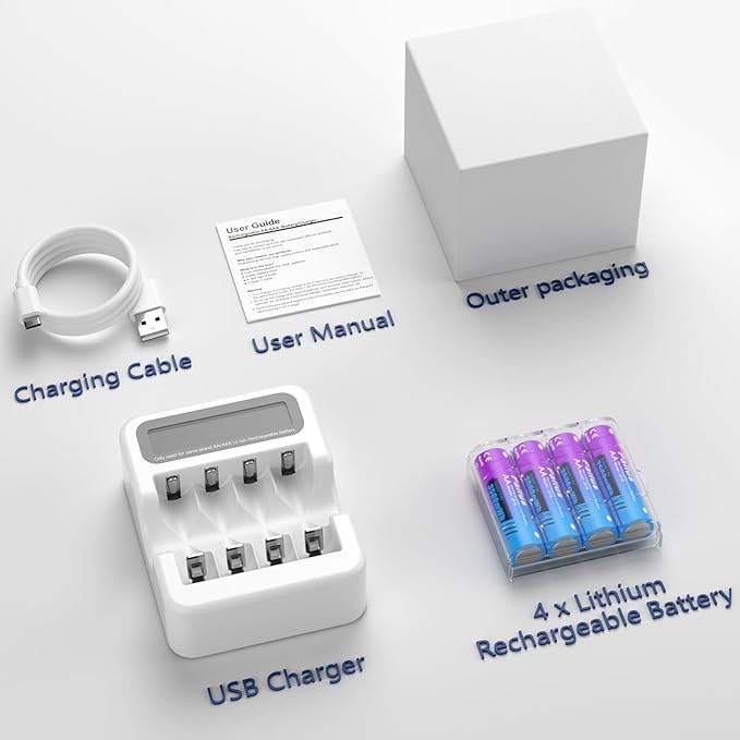 Pallus 1.5v Rechargeable Lithium AA Batteries, 4-Pack 3500mWh High Capacity AA Rechargeable Batteries with LCD Charger for Blink Security Camera, VR/AR, Constand Voltage, Cycle 1600x, Long Lasting