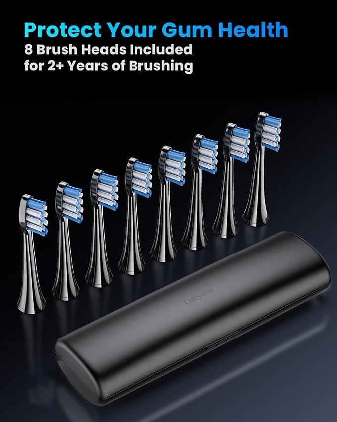 Onlyone Electric Toothbrush for Adults, Rechargeable Electric Toothbrush with 8 Brush Heads, Travel Case, Charging Base & Wireless Charging - 5 Modes with Smart Timer