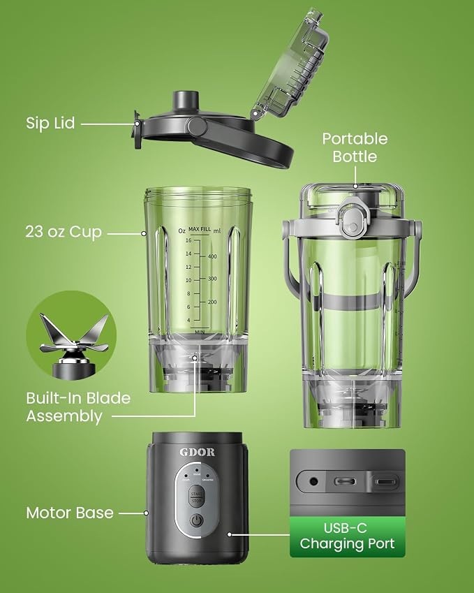 GDOR Portable Smoothie Blender, Twist & Go, Mini Blender Shakes and Smoothies,3 Auto Programs, Ice Crush,2x23 oz, Cordless, Dishwasher Safe, BPA-Free