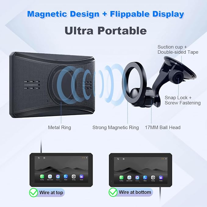 6.1 Inch Portable Car Screen, Wireless & Wired CarPlay Android Auto, 1080P Wireless Backup Camera, 60Hz, 800nit INCELL Display, Universal for Cars SUVs Pickups RVs