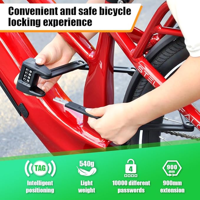 RBRL Bike Lock 2.95ft, 4 Digit Combination Bicycle Chain Lock with Holder for Apple AirTag, Heavy Duty Anti Theft Smart Folding Bike Lock, Lightweight Chain Lock for Bike, Scooter, Ebike