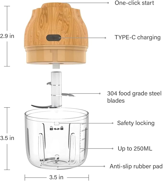 Electric Garlic, Fruit, and Vegetable Mini Food Chopper: Compact Wireless Processor Ideal for Ginger, Chili, Meat, and More, 250ML, Wood