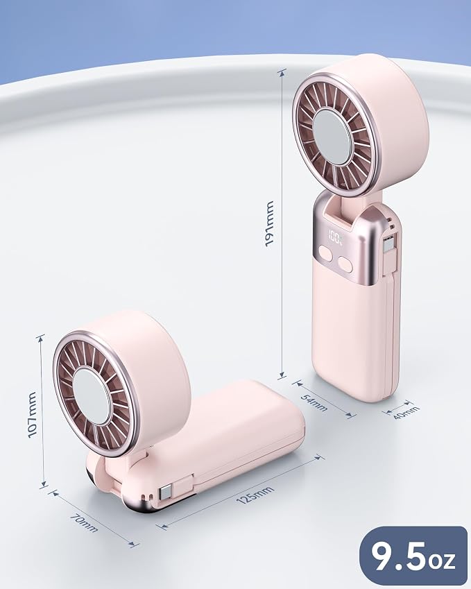 Portable Handheld Personal Fan with USB-C & iOS Cables 5V/2.4A Fast Charging for Cellphone/Tablet, 20H Cooling Time, Foldable Design with Phone Stand for Camping Travel Outdoor (1, Pink)
