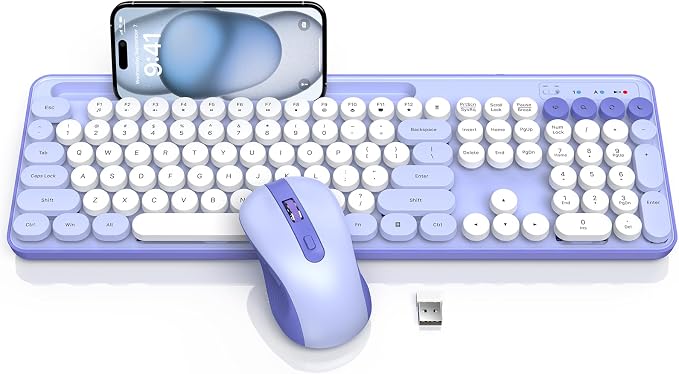 Wireless Keyboard and Mouse Combo, Retro Round Keycaps, Cute Full-Size Typewriter Keyboard with Phone Holder, Sleep Mode, Click Soft, 2.4GHz Cordless Connection for Windows/PC/Laptop