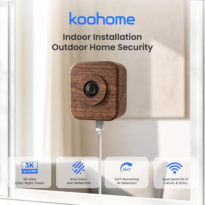 5MP 3K Window Camera for Indoor & Outdoor Home Security, Magnetic Mount, Full-Color Night Vision, 24/7 Recording, Free Cloud Storage, No Subscription, Dual-Band WiFi, AI Human Detection, Walnut Wood