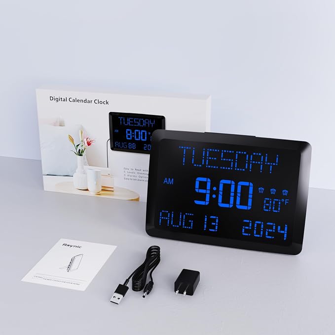 Raynic Digital Clock, 11.5" Large Display Calendar Clock with Day and Date, Indoor Temperature, Adjustable Brightness, Snooze,12/24H, DST for Home, Office, Elderly