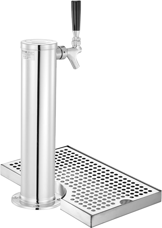 VEVOR Kegerator Tower Kit, Single Tap Beer Conversion Kit, Stainless Steel Keg Beer Tower Dispenser with Dual Gauge CGA320 Regulator & D-System Keg Coupler, Beer Drip Tray for Party Home