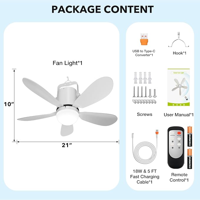 Canopy Fan 21'', Portable Ceiling Fan with Remote Control and Extension Hook, Outdoor Ceiling Fan Ligh for Gazebo, Tent, Patio, Camping