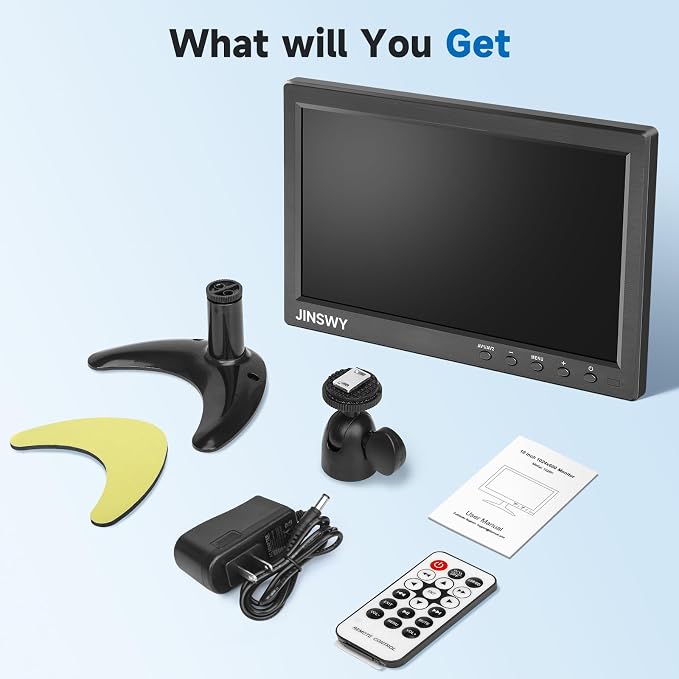 10.1" Security Monitor, 1024x600 HD Display, HDMI VGA BNC AV USB Ports, Small Monitor with Built-in Speakers & Remote Control, for CCTV Surveillance, DVR, PC, Raspberry Pi