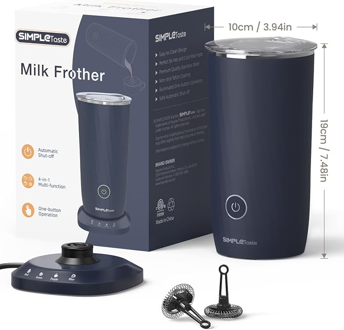SIMPLETASTE Milk Frother, 4-in-1 Electric Milk Frother and Steamer, Automatic Warm and Cold Foam Maker and Milk Warmer for Latte, Cappuccinos, Dark Blue