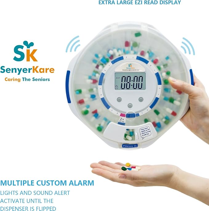 28-Day Automatic Pill Dispenser with Alarm for Elderly, Sound & Light Alerts, Smart Medication Organizer for Seniors, Locked Medication Dispenser for Multiple Vitamins, Supplements or Prescriptions