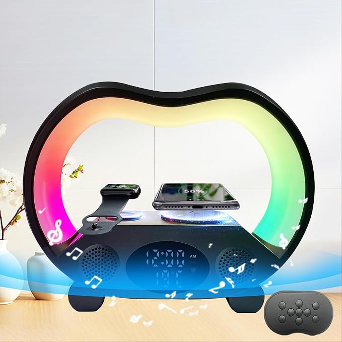 IHAO 6in1 Wireless Charging Station with Bluetooth Speaker Time&Temperature Display Alarm Clock 7-Color LED Night Lights Fast Charger for Phone, Apple Watch, Earbuds Remote Control Auto Shutoff-White