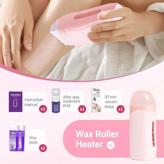 Roll-On Wax Kit for Hair Removal, Roll on Waxing Kit for Women, At-Home Wax Warmer Kit with Hard Wax Refill, Honey Formula Gentle on Skin, Portable Gift for Body Legs Arms-Honey