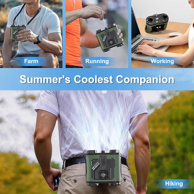 Portable Waist Fan, 12000mAh Rechargeable 100-Speed 6600RPM Dual Air Outlet Strong Airflow with Flashlight, 30H Runtime Hanging Neck Fan Wearable Belt Fan for Camping, Outdoor, Jobsite, Traveling