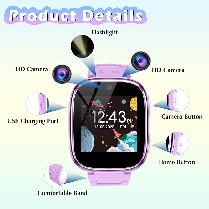 Kids Smart Watch Girls Boys - Smart Watch for Kids Game Watch Gifts for 4-12 Years Old with 26 Games Camera Alarm Video Music Player Pedometer Flashlight Birthday Gift for Boys Girls (4 Purple)