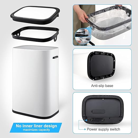 Kitchen Trash Can with Lid, Automatic Motion Sensor Trash Can for Kitchen Home Office, Bedroom, Living Room, Smart Garbage Can Touchless High-Capacity Waste Bin, 55L/14.5 Gallon, White