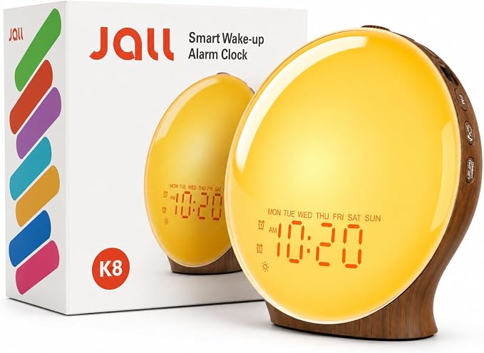 JALL Full-Screen Wake Up Light Sunrise Alarm Clocks for Bedrooms, White Noise Machine for Heavy Sleepers & Kids, 25 Natural Sounds, Dual Alarms, FM Radio, 17 Dimmable Colors, Bluetooth Speaker