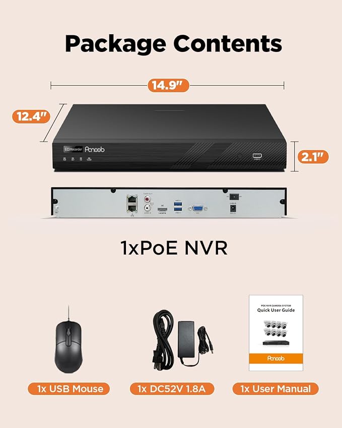 32CH H.265 Network Video Recorder, 4K 32 PoE ports NVR, Remote Access, Motion Alarm, 24/7 Recording, Smart Playback, Support 8MP/5MP/4MP/3MP PoE Cameras, Two SATA Ports Up to 16TB (without HDD)