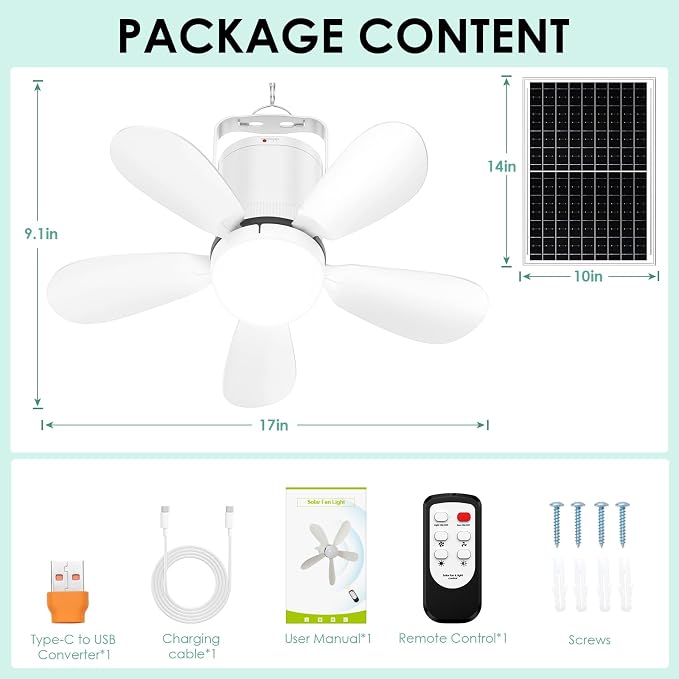 Solar Ceiling Fan Light, 25W Solar Powered Portable Gazebo Fan with Remote, Wireless Battery Operated Ceiling Fan Light Outdoor, Tent fan for Camping RVs Patio Canopy Chicken Coop Outside