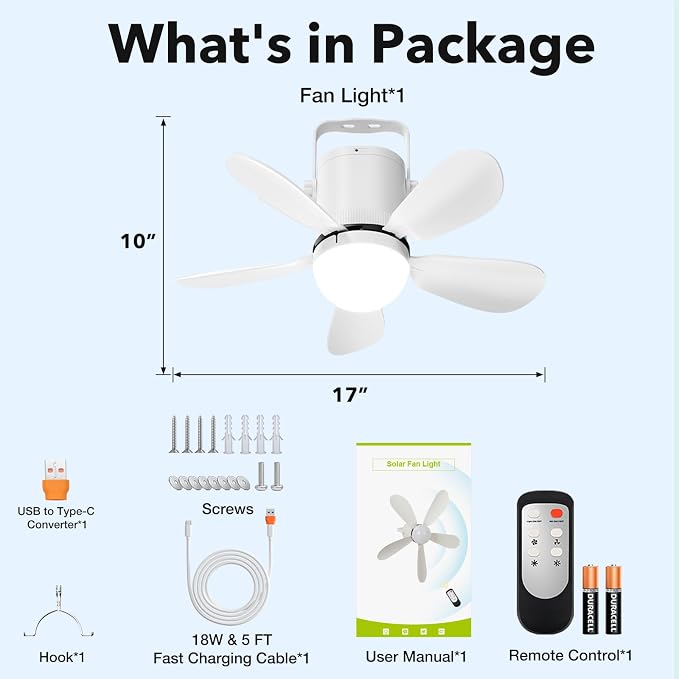 Ceiling Fan Light, Battery Operated Gazebo Fan Light with Remote, Portable Rechargeable Camping Fan Light for Outside, Wireless, for Outdoor Tent Canopy Porch Patio Greenhouse RVs Pergola