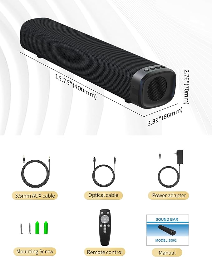 Sound Bar – 50W, Sound Bar for Smart TV, Sound Bar with Bluetooth 5.0, Optical/AUX Connectivity, Remote Control, Wall-Mountable Home Theater Audio, Compatible with TV, PC, and Phone