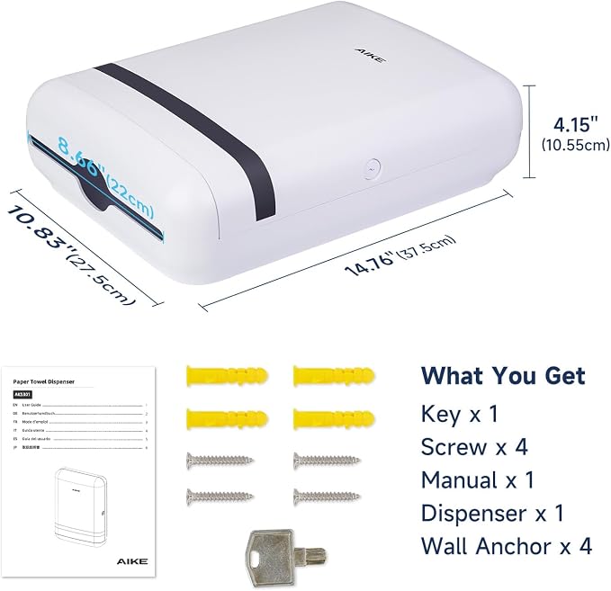 AIKE Automatic Soap Dispenser and Wall Mount Paper Towel Dispenser Bundle, Model AK1216& AK5301 White