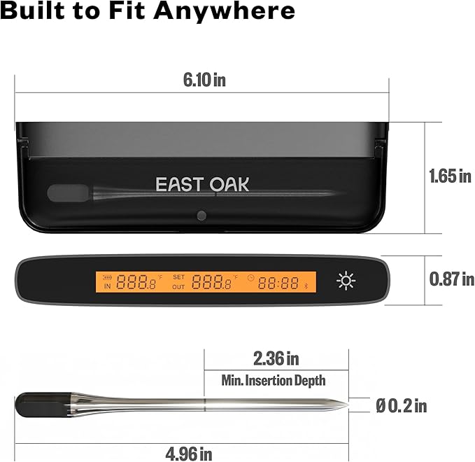 East Oak Wireless Meat Thermometer | 5-Sensor Precision for Chef-Level Results | Extreme Heat Resistance | Smart App Remote Monitoring | Perfect for Grills, Smokers, Ovens & Air Fryers, Black