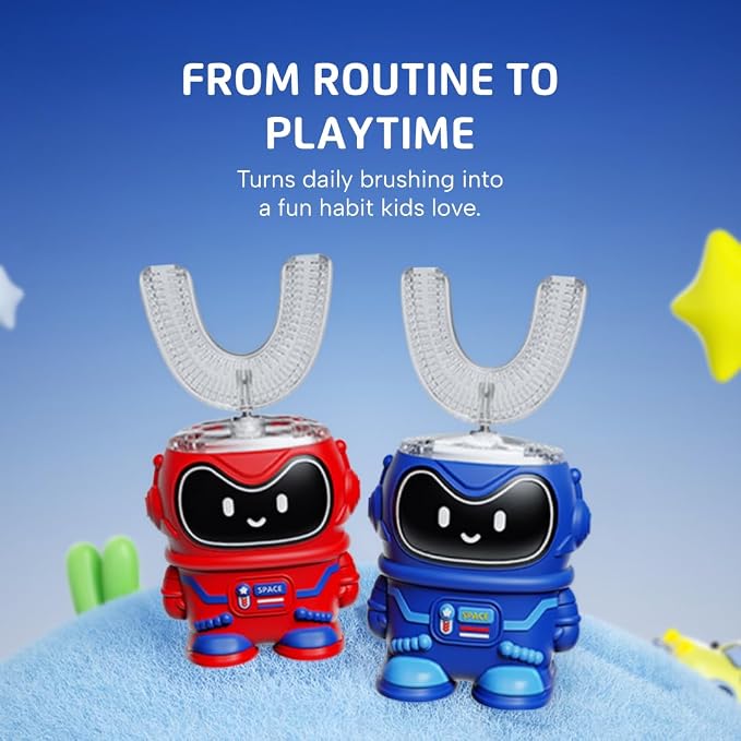 Well Before Kids U Shaped Electric Toothbrush with 5 Brush Heads, Ultrasonic, 5 Modes, IPX7 Waterproof Design (Spaceman, Red, Ages 2-7)