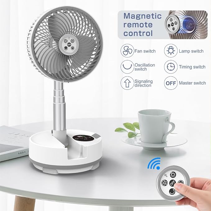 Foldable Oscillating Pedestal Fan with Remote, 8" USB C Rechargeable 20000mah Battery Fan with LED Colorful Lights, Portable Floor Standing Fan Camping Fan for Bedroom Office Travel White