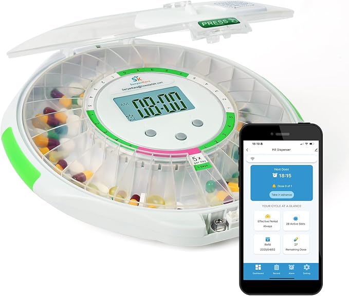 Bluetooth Automatic Pill Dispenser with App Setup for Elderly | Up to 9 Daily Doses, 28 Day Locked Medication Organizer Audio/Visual Alerts for Dementia & Chronic Care, Clear Lid