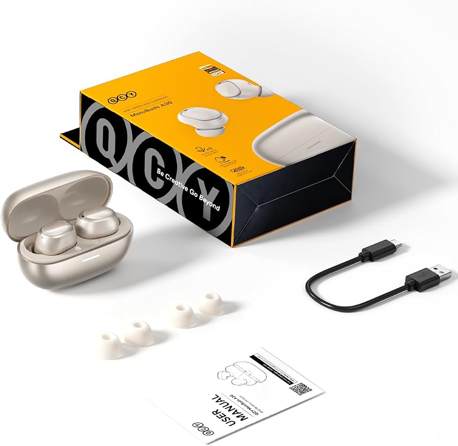QCY MeloBuds A30 Aadptive Active Noise Cancelling Wireless Earbuds, 8 Mics ENC Clear Call Ear Buds, 60dB ANC Hi-Res Audio Bluetooth 6.0 Headphones, Comfort Lightweight, IPX5 Waterproof Earphone