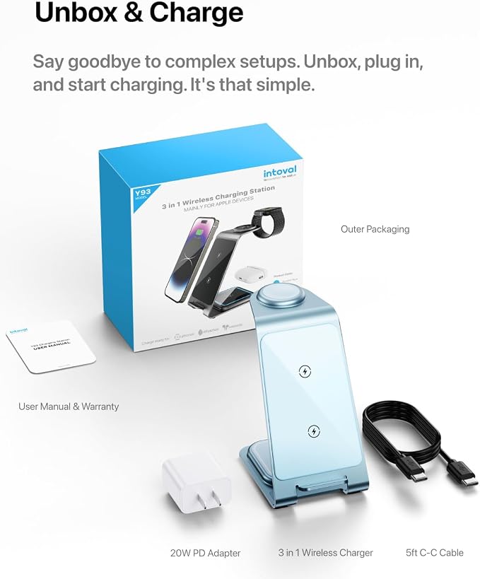 Intoval Aluminum 3 in 1 Wireless Charging Station for iPhone 17 16 15 14 13 12 11 Pro Max XR, Wireless Charger for Apple Watch 11 10 9 8 7 Ultra SE 3 2, Phone Charger for AirPods 4 Pro 2 3 (Blue)