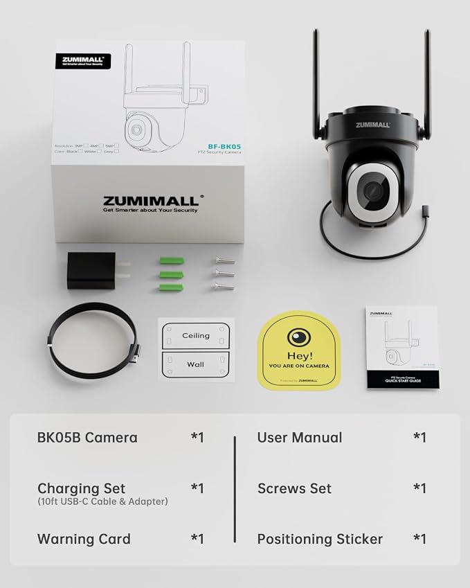 ZUMIMALL 2K Wired Outdoor Camera, 2.4G/5G WiFi Security Camera, 3MP, 24/7 Recording, AI Motion Detection, Cloud & SD Card Storage, 2-Way Audio, 360° PTZ Auto Tracking, Work with Alexa, IP66 (Black)