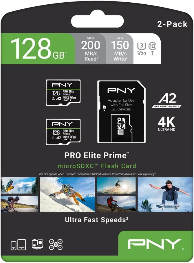 PNY 128GB PRO Elite Prime™ C10 U3 V30 A2 microSDXC Flash Memory Card – Ultra-Fast Speeds, Read 200MB/s, Write 150MB/s, 4K UHD, Full HD, UHS-I, for Smartphones, Drones, Action Cameras, 2-Pack