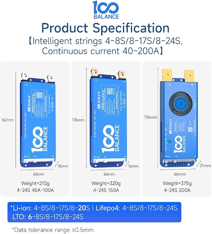 DALY BMS 200A 8S - 17S Built in Bluetooth 1A Active Cell Balancing RS485 CAN for 24V - 60V LiFePO4/Li - ion/LTO Battery Packs Perfect for Golf Cart, Home Energy System, E - Bike