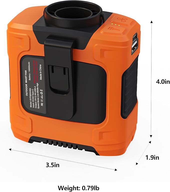 Waist Fan - 10000mAh Rechargeable, 24H Cooling, 16000RPM Strong Airflow, 3-Speed Portable Belt Fan with LED SOS & Red-blue Warning Light for Jobsite, Camping, Travel, Farming