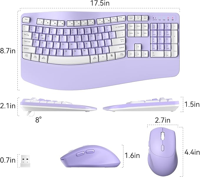 Wireless Keyboard and Mouse Combo,2.4G Full Size Wave Keys Ergonomic Keyboard with Wrist Rest for Natural Typing, 3 DPI Adjustable Ergonomic Mouse for Computer/Laptop/Windows/Mac (Purple & White-A)