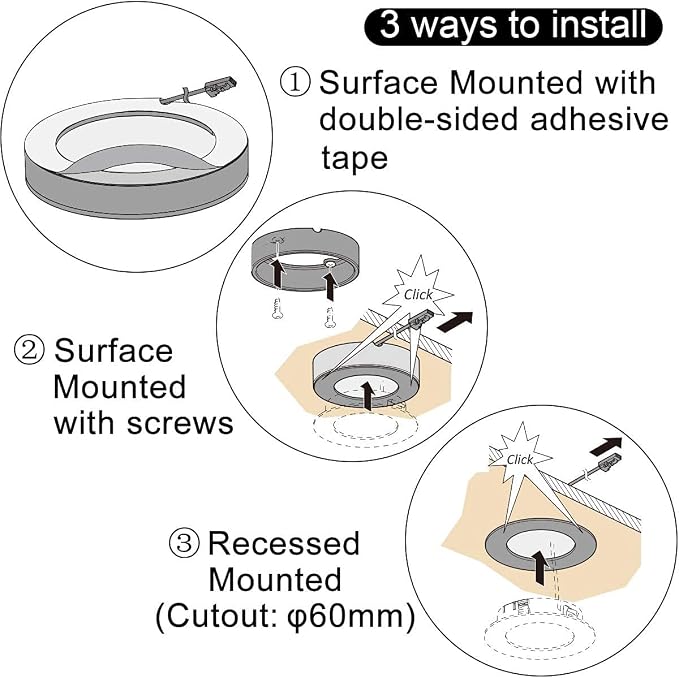 VST Under Cabinet Lights CCT 3000K-6500K, LED Puck Light Color Temperature and Brightness Adjustable with Touch Remote Dimmer and ETL-Listed Led Driver for Drawer Wardrobe Kitchen