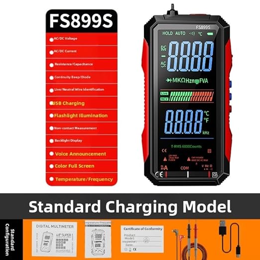 FS899S Digital Multimeter Tester, USB Rechargeable Smart Auto Ranging Multimeter, Measure AC/DC Current/Voltage, Capacity, Continuity, Resistance, Frequency, Non-Contact Voltage (NCV)(FS899S+Bag)