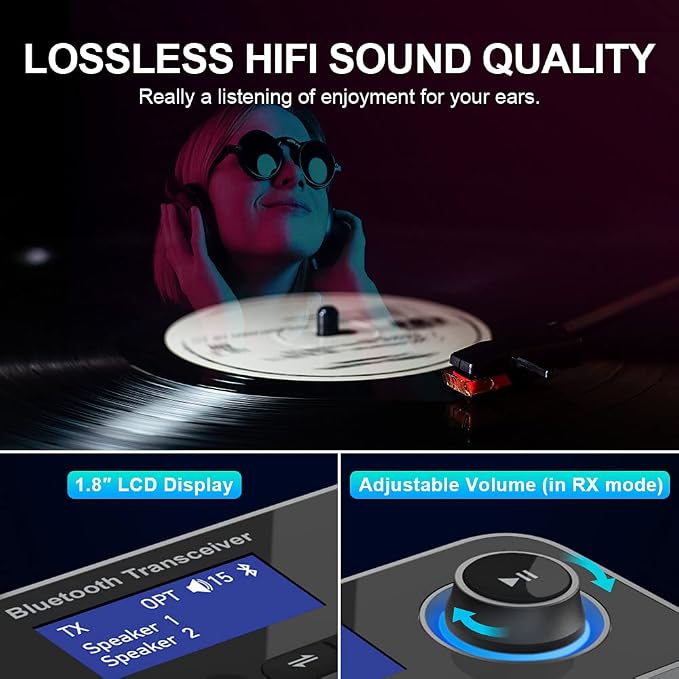 Bluetooth 5.3 Transmitter Receiver for 2 Headphones 3-in-1 Audio Adapter with Bypass Low Latency LCD Display ON/OFF Switch Volume Control Optical AUX RCA for Headphone Speaker TV Home Stereo