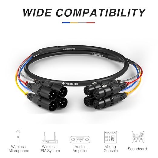 Phenyx Pro 3 Ft XLR Snake Cable, Color-Coded Patch Cable Wire, 4-Channel Male to Female, OFC Copper, XLR Splitter Balanced Microphone Cord for Mixer, IEM, Mic System