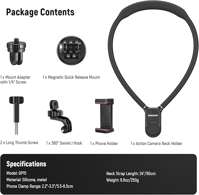 NEEWER Magnetic Neck Mount Compatible with GoPro Hero 13 12 11 MAX DJI Action 4 Insta360 iPhone 15 Pro Max Samsung S23, Quick Release Flexible POV Action Camera Neck Mount Adapter & Phone Holder, GP15