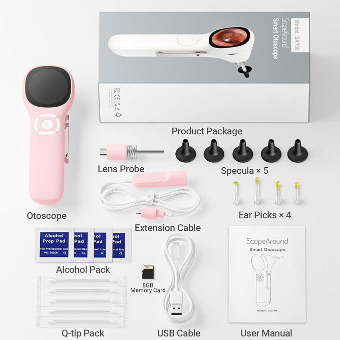 ScopeAround Digital Otoscope w/IPS Screen, 720p HD Smart Video Otoscope with Light, Ear Scope Otoscope with Camera Ear Wax Removal Camera, Ear Checker, Power On and Go, Pink
