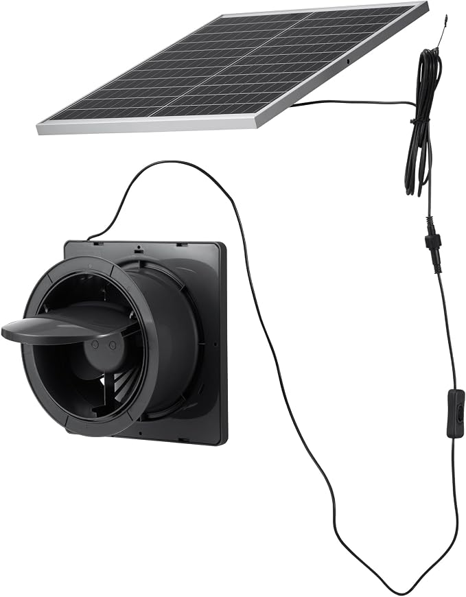 VEVOR Solar Powered Fan, 25W Solar Panel with 220 CFM Airflow, Adjustable Panel Angle, 2030 RPM High-Speed, Flexible Install, Fast Air Exchange for Greenhouse, Grow Tents, Chicken Coops, Shelters