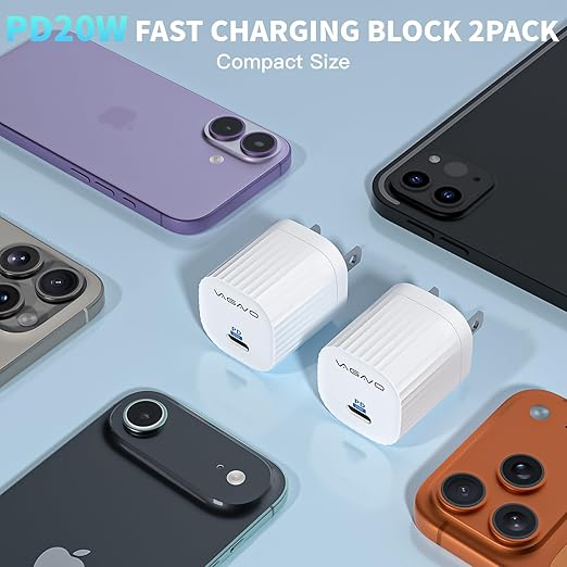 USB C Charger Block for iPhone 17 Charging, 2Pack 20W USB C Wall Charger Block Fast Charging Blocks Plug Bricks PD Type C Adapter for iPhone 17 Air/17 Pro Max/16 ProMax/16Plus/15/14/13/12/AirPods/iPad