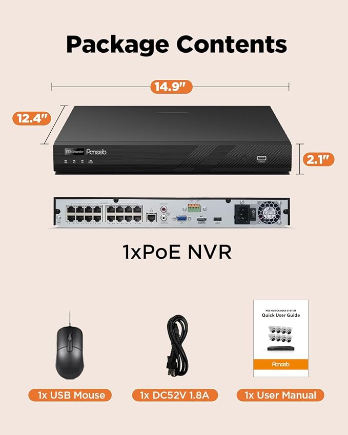 4K 16 Channel NVR, 16CH H.265 Network Video Recorder & 16 PoE Ports, Motion Alarm, 24/7 Recording, Smart Playback, Support 8MP/5MP/4MP/3MP PoE Cameras, Two SATA Ports Up to 16TB (Without HDD)